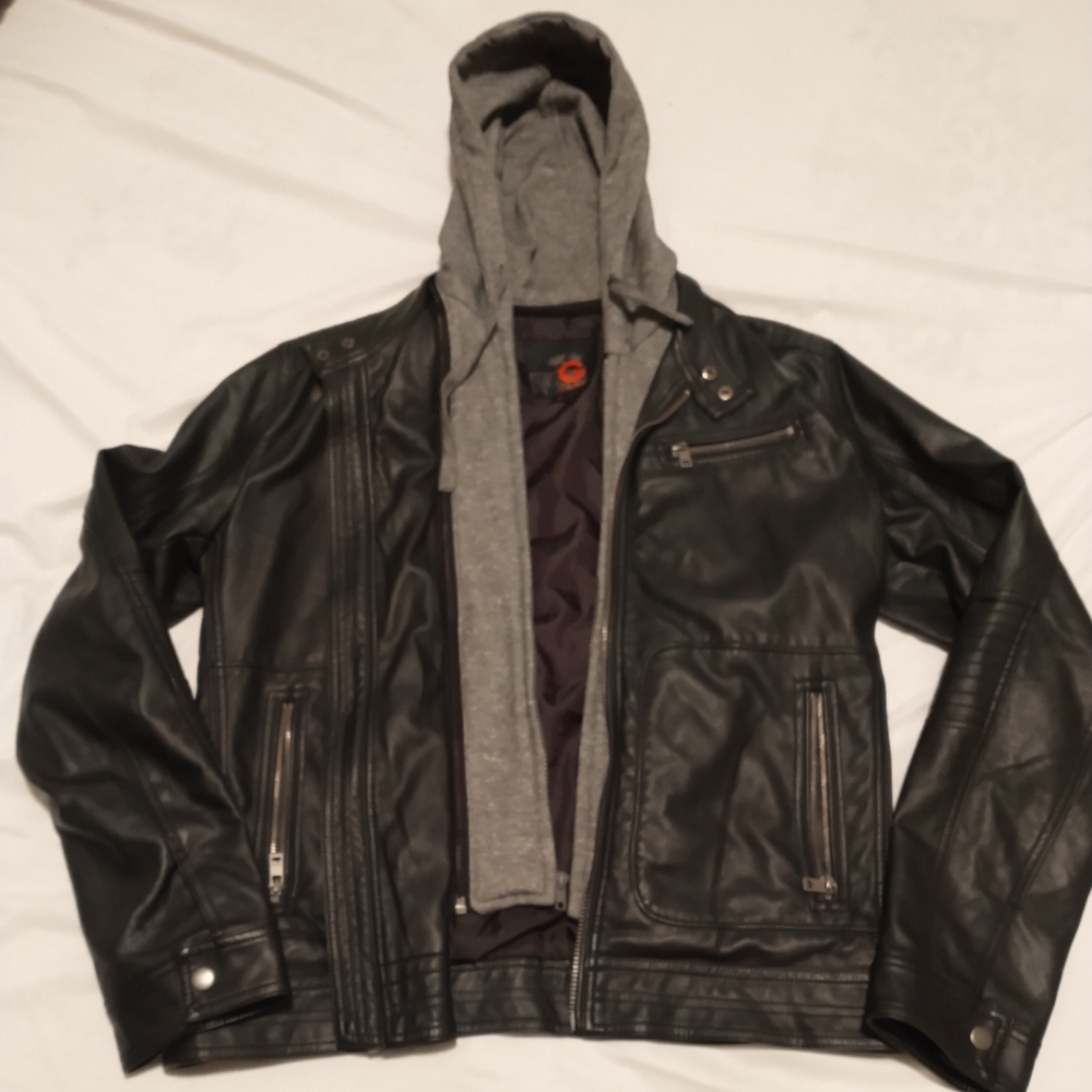 Guess Black Leather Jacket with Removable Hood